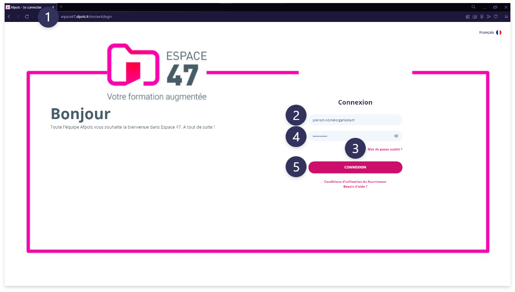 Interface de connexion espace 47